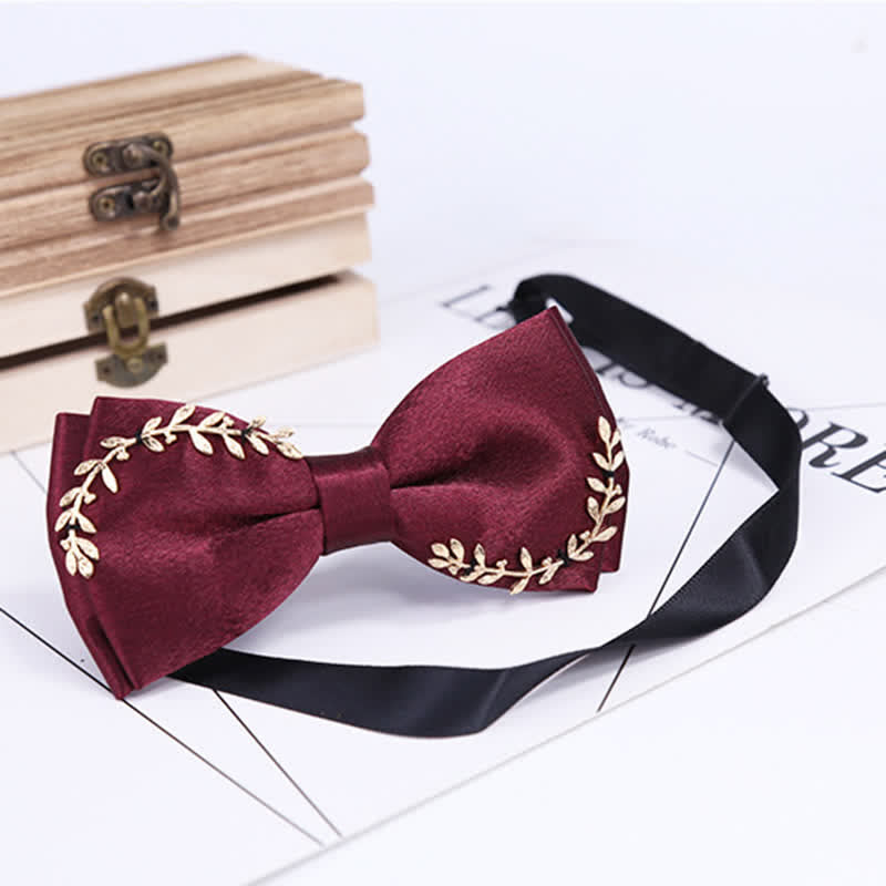 Men's Gold Applique Metal Leaf Decoration Bow Tie