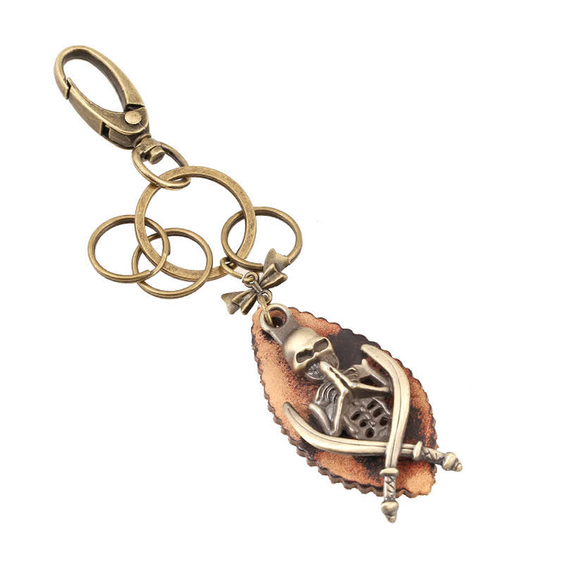 Punk Skeleton Bronze Plated Leather Keychain