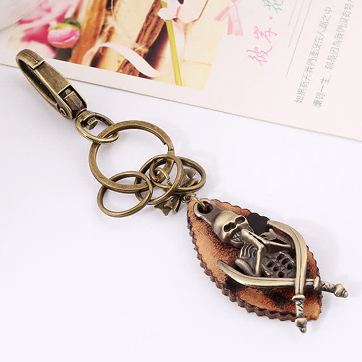 Punk Skeleton Bronze Plated Leather Keychain