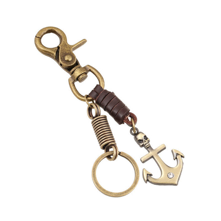 Charming Boat Anchor Skull Leather Keychain