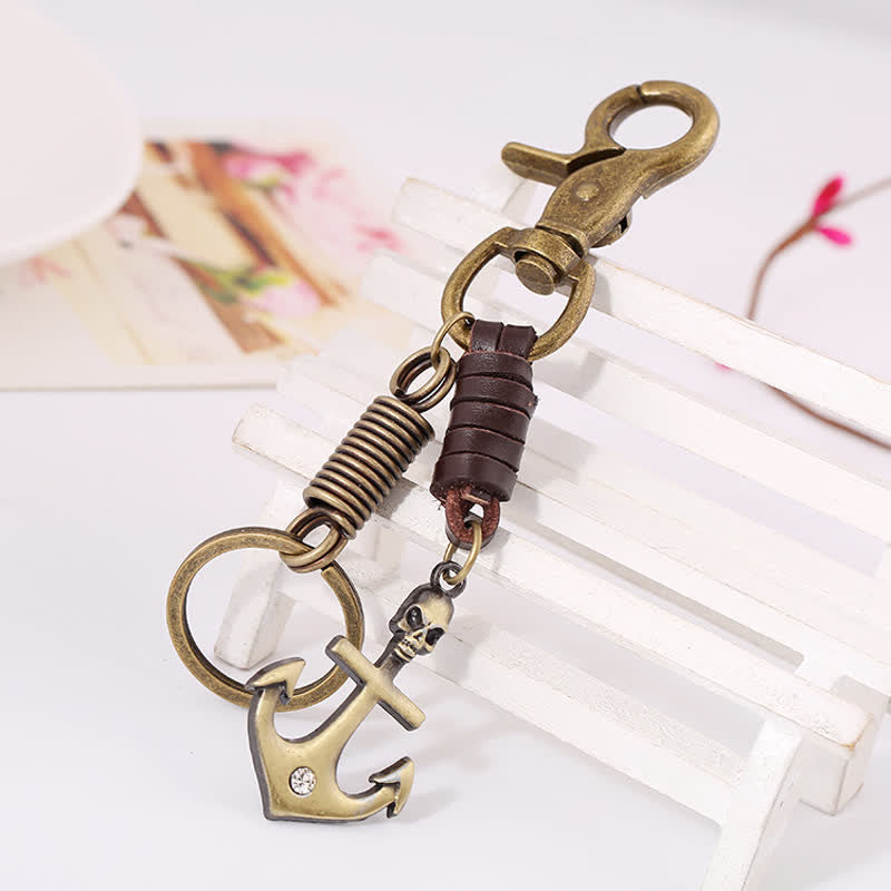 Charming Boat Anchor Skull Leather Keychain