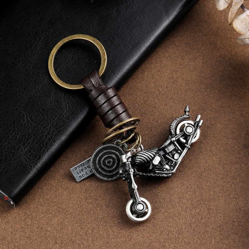 Skull Motorcycle Skeleton Pendant Leather Keychain - Silver - image 2