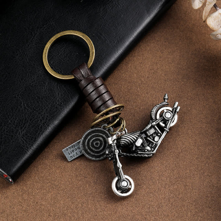 Skull Motorcycle Skeleton Pendant Leather Keychain - Silver - image 2