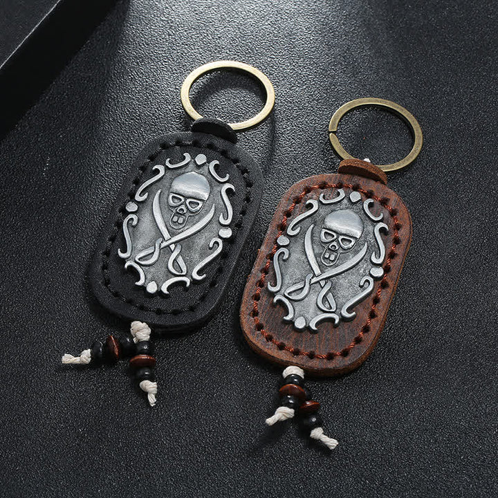 Double Swords Skull Pendant Leather Keychain