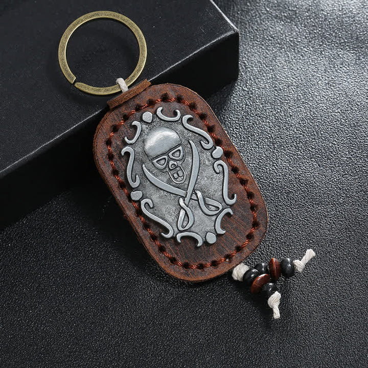 Double Swords Skull Pendant Leather Keychain - Brown - image 5