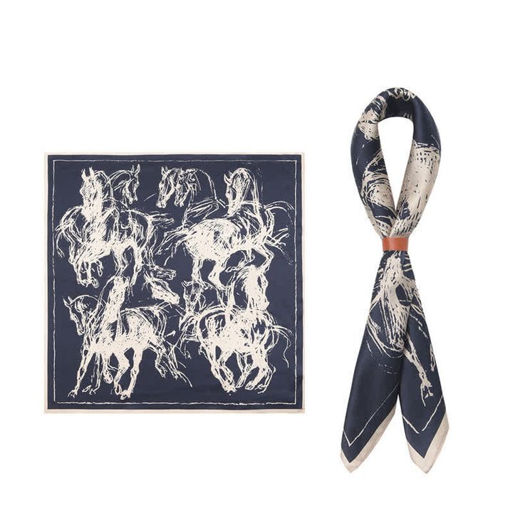 Navy & Beige Abstract Horse Print Square Scarf