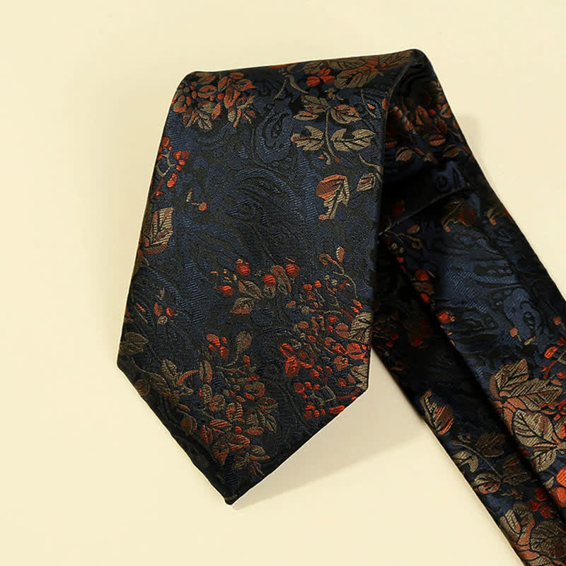 Men's MidnightBlue & Red Floral Embroidery Necktie