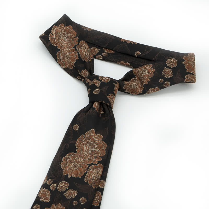 Men's Navy Brown Elegant Floral Leaves Necktie