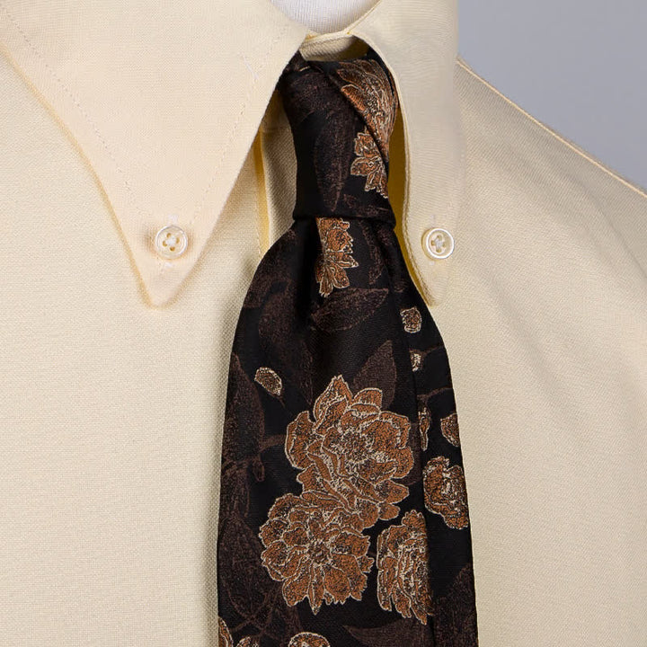 Men's Navy Brown Elegant Floral Leaves Necktie