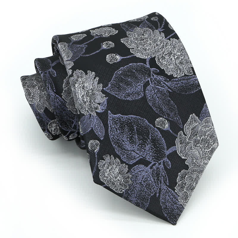 Men's Navy Brown Elegant Floral Leaves Necktie