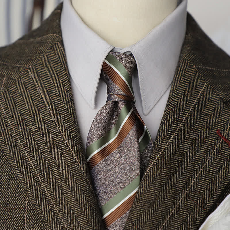 Men's British Style Coffee Green Brown Striped Necktie - Coffee - image 0