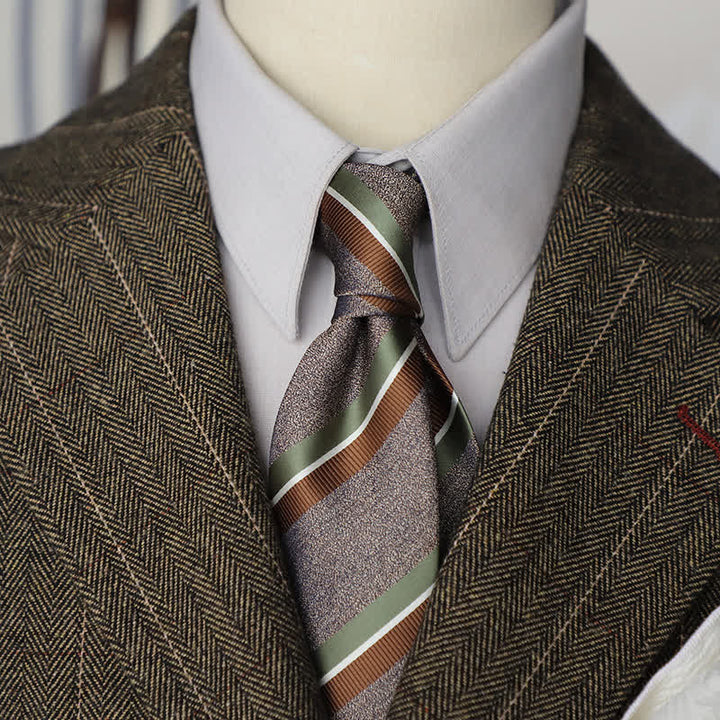 Men's British Style Coffee Green Brown Striped Necktie