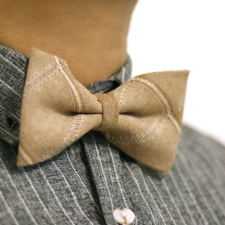 Men's Khaki British Style Plaid Cotton Bow Tie