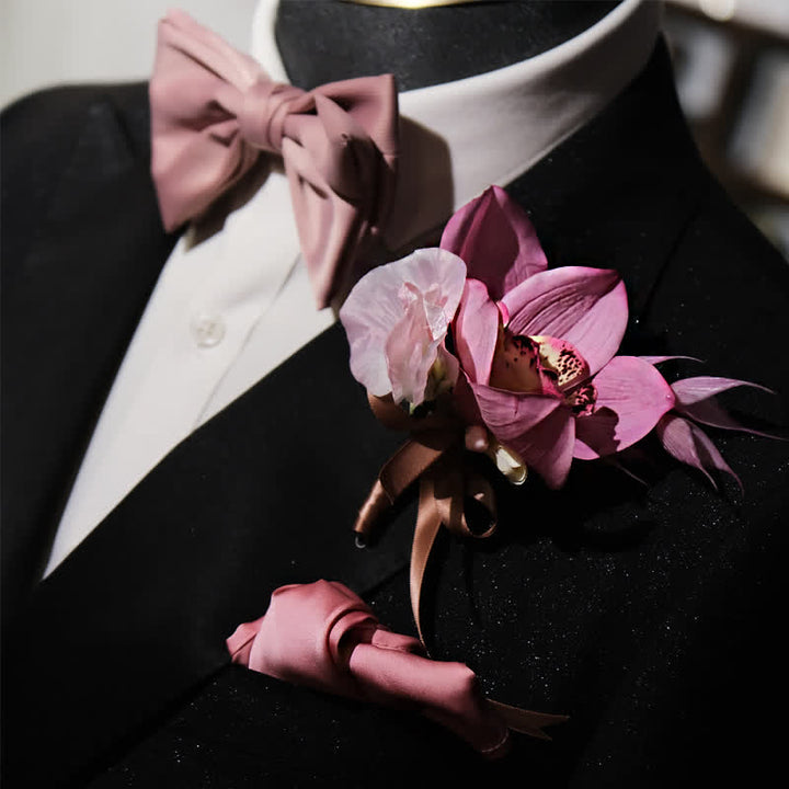 3Pcs Men's Smoky Pink Brooch Handkerchief Fishtail Bow Tie Set