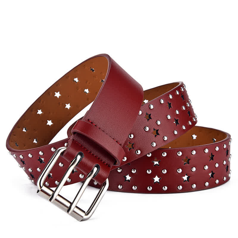 Star Double Prong Hollow Out Rivets Leather Belt