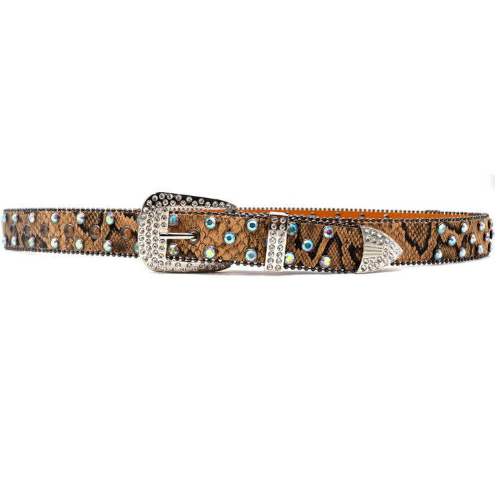 Brown Snake Pattern Sparkling Cross Rivets Leather Belt