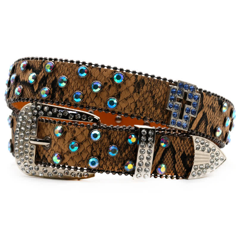 Brown Snake Pattern Sparkling Cross Rivets Leather Belt