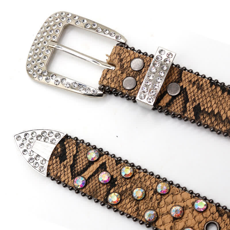 Brown Snake Pattern Sparkling Cross Rivets Leather Belt