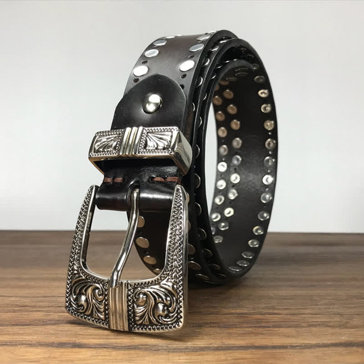 Western Two Rows Round Rivets Studded Leather Belt