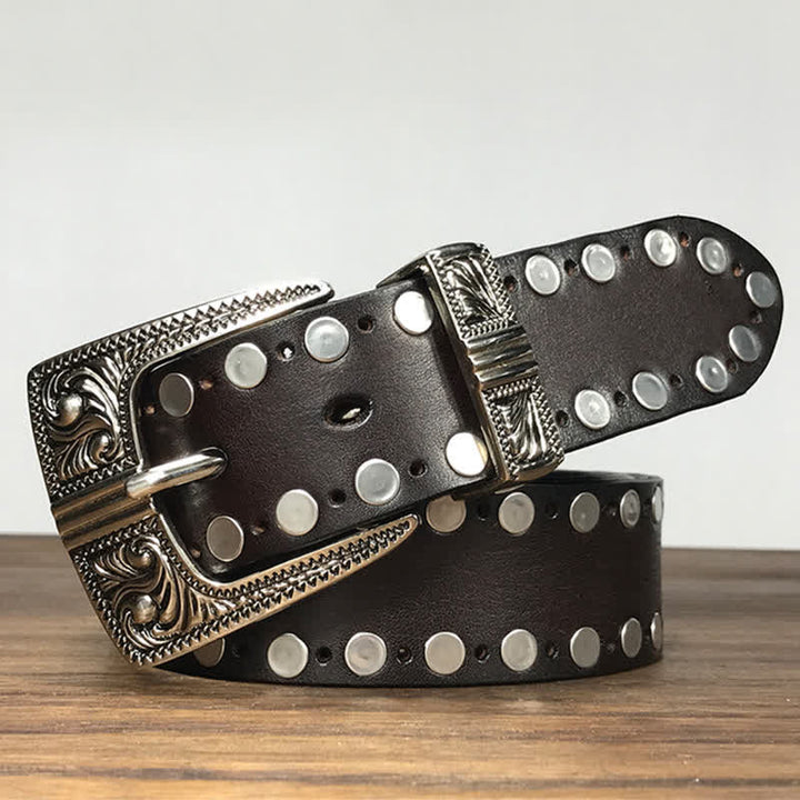 Western Two Rows Round Rivets Studded Leather Belt