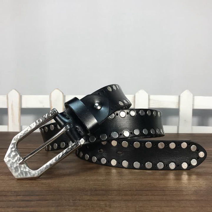 Hammer Buckle Two Rows Rivets Studs Leather Belt