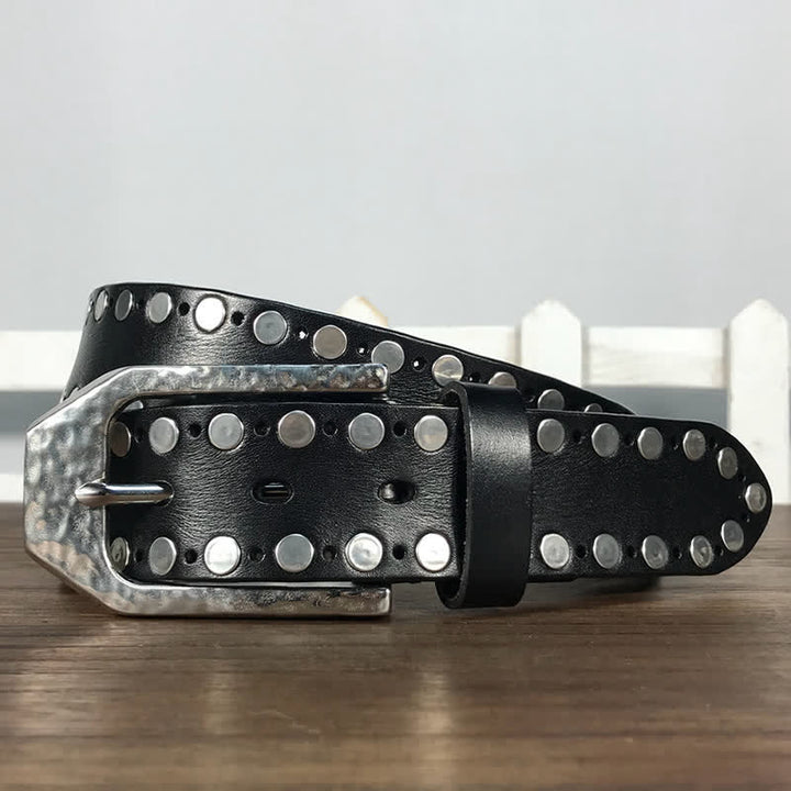 Hammer Buckle Two Rows Rivets Studs Leather Belt