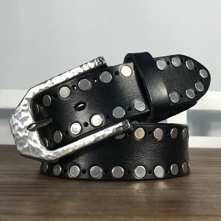 Hammer Buckle Two Rows Rivets Studs Leather Belt