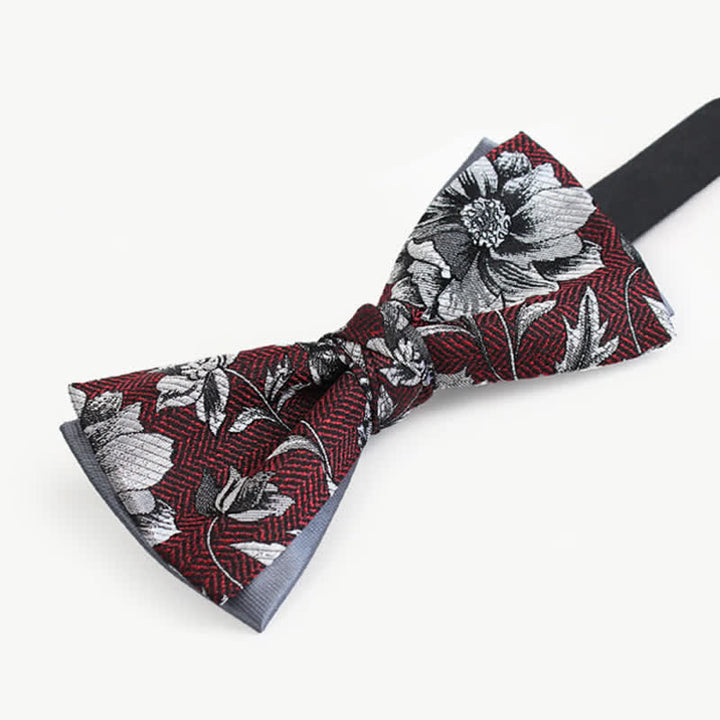 Men's Brugundy & Gray Peony Double Layers Bow Tie