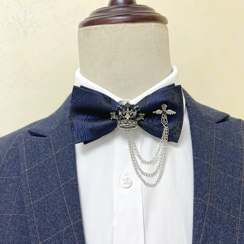 Men's Silver Metal Crown & Cross Chain Bow Tie