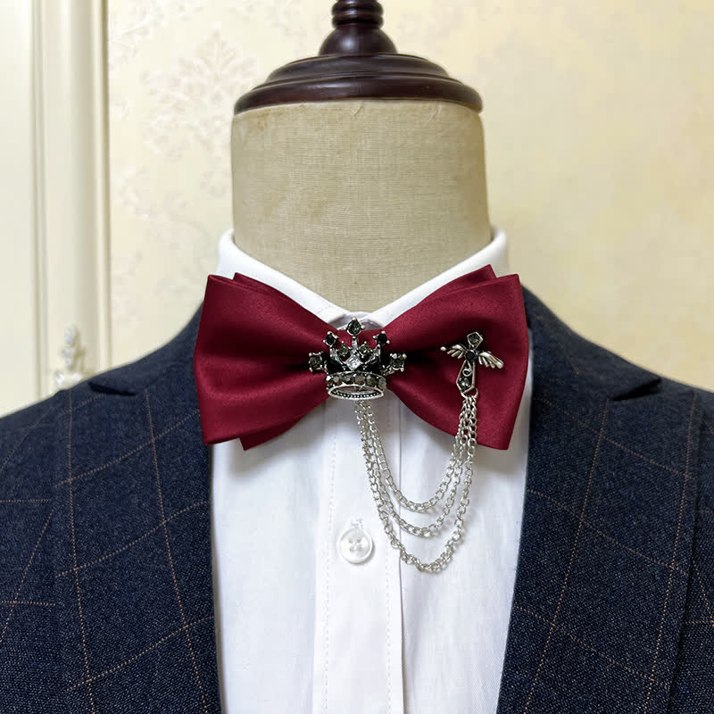 Men's Silver Metal Crown & Cross Chain Bow Tie