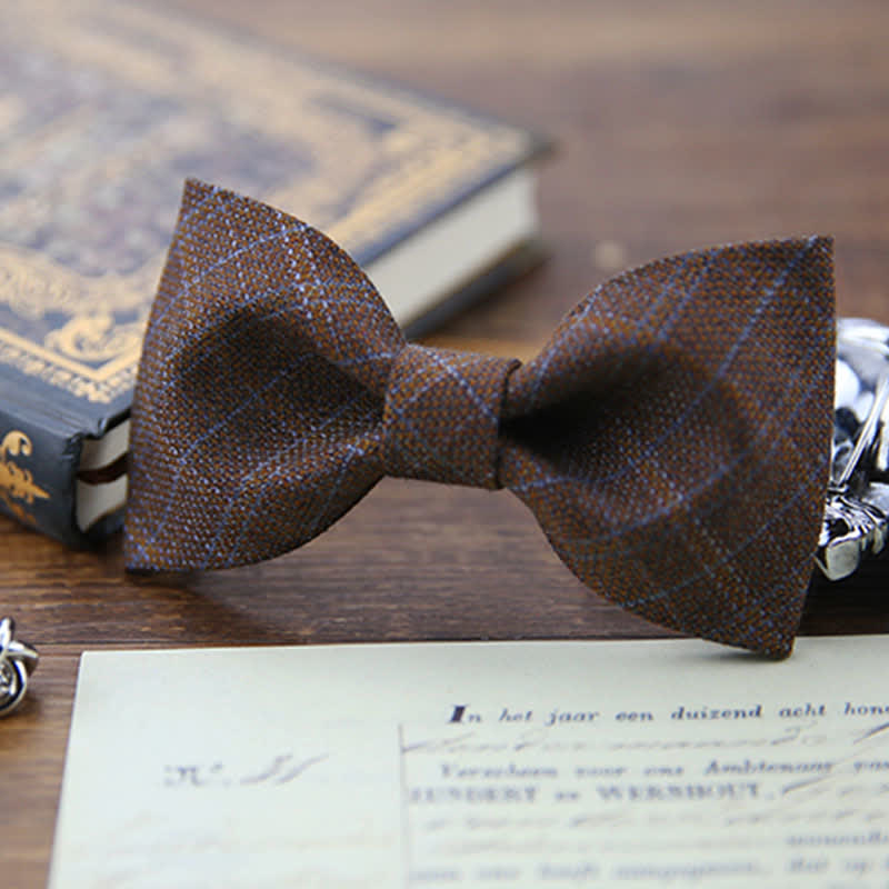 Men's British Style Vintage Dark Brown Plaid Bow Tie