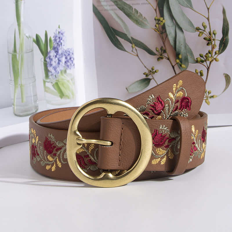 Women's Camel Rose Flower Embroidery Leather Belt