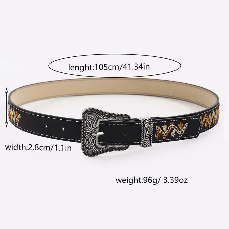 Women's Black Orange & White Embroidery Leather Belt