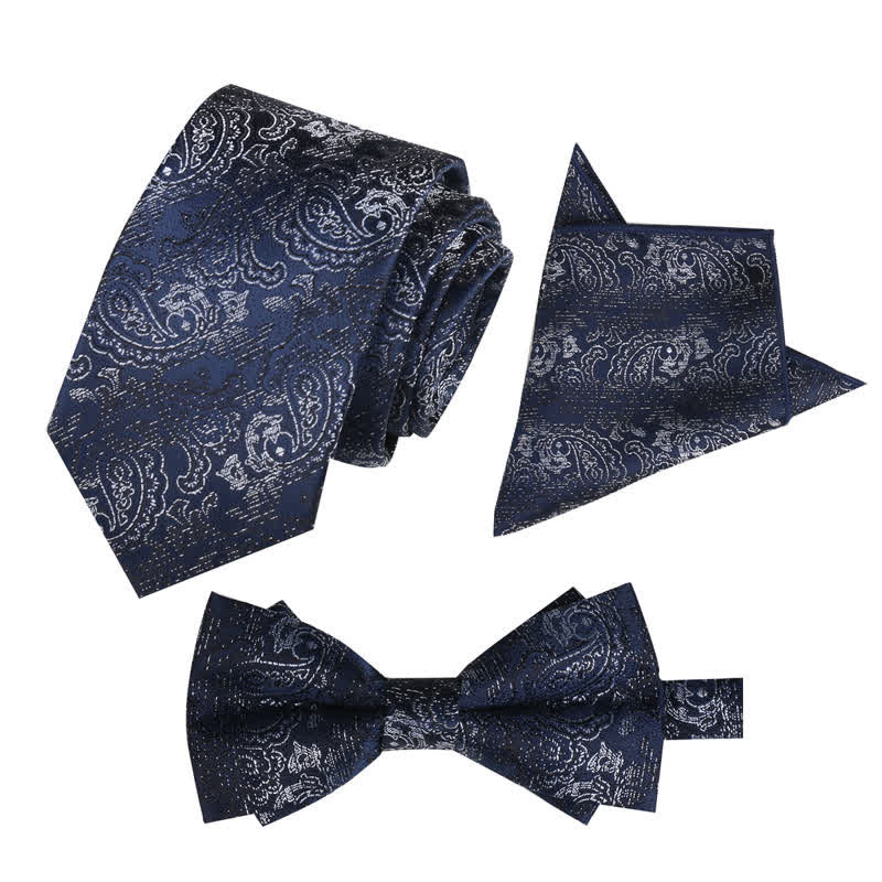 3Pcs Men's Fantasy Paisley Pocket Square Necktie Bow Tie Set