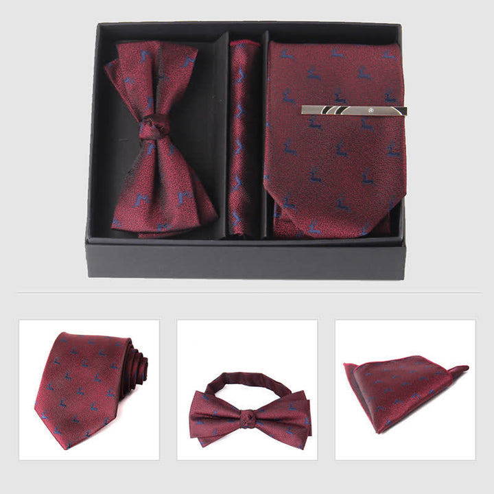 3Pcs Men's Burgundy Series Pocket Square Necktie Bow Tie Set