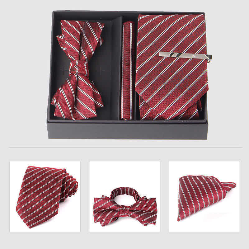 3Pcs Men's Burgundy Series Pocket Square Necktie Bow Tie Set