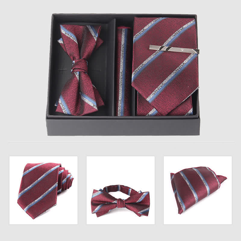 3Pcs Men's Burgundy Series Pocket Square Necktie Bow Tie Set