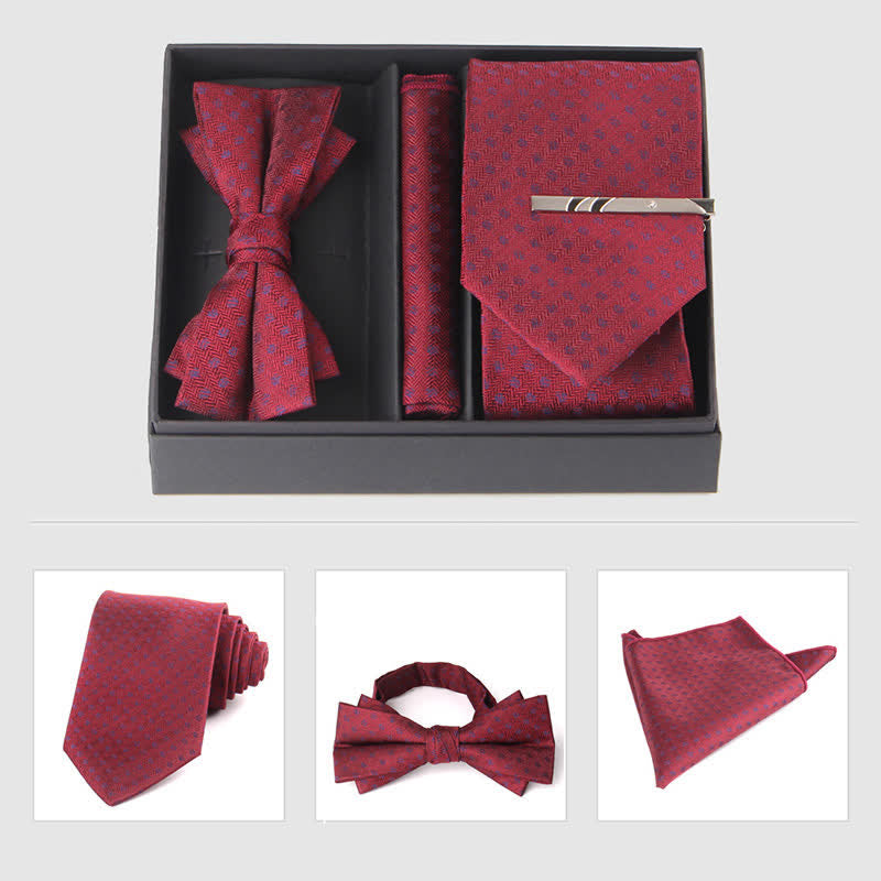 3Pcs Men's Burgundy Series Pocket Square Necktie Bow Tie Set