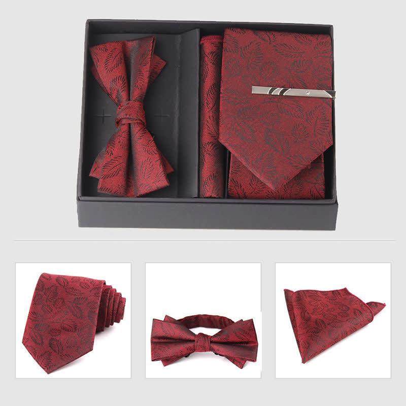 3Pcs Men's Burgundy Series Pocket Square Necktie Bow Tie Set