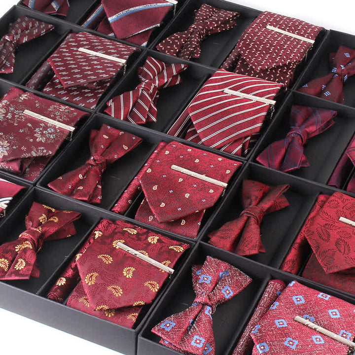 3Pcs Men's Burgundy Series Pocket Square Necktie Bow Tie Set