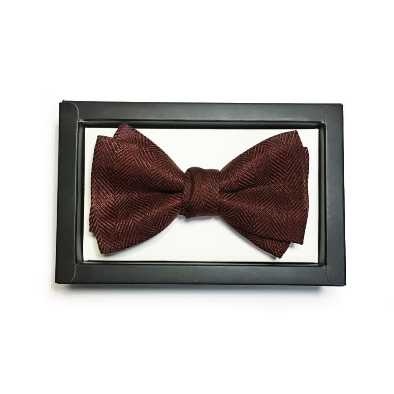 Men's Dark Wine Red British Herringbone Floral Brooch Bow Tie