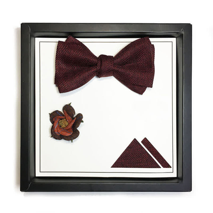 Men's Dark Wine Red British Herringbone Floral Brooch Bow Tie