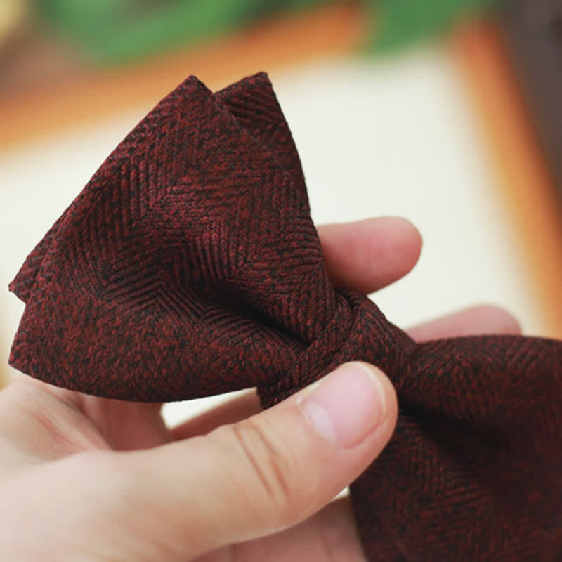 Men's Dark Wine Red British Herringbone Floral Brooch Bow Tie