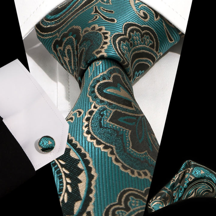 3Pcs Men's Green & Black Shade Paisley Necktie Set