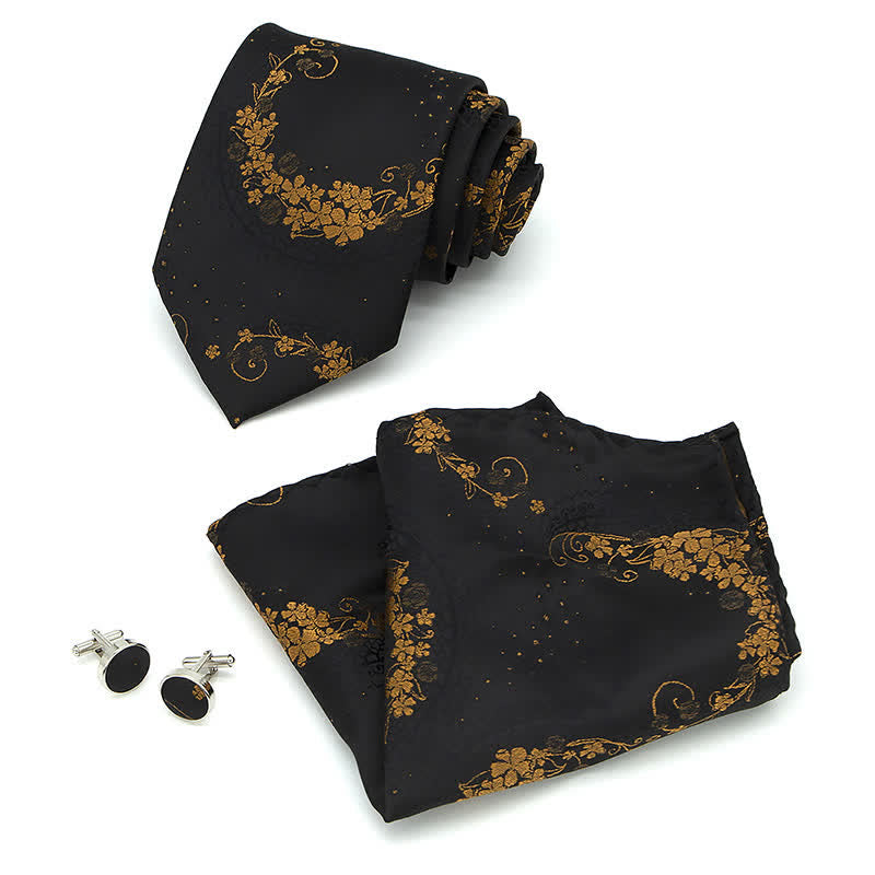 3Pcs Men's Gold & Black Exquisite Paisley Embroidery Necktie Set