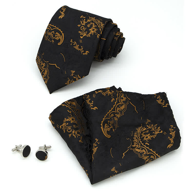 3Pcs Men's Gold & Black Exquisite Paisley Embroidery Necktie Set