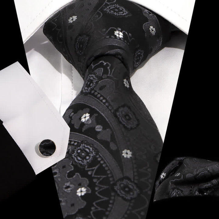 3Pcs Men's Classic Black Little White Flower Necktie Set