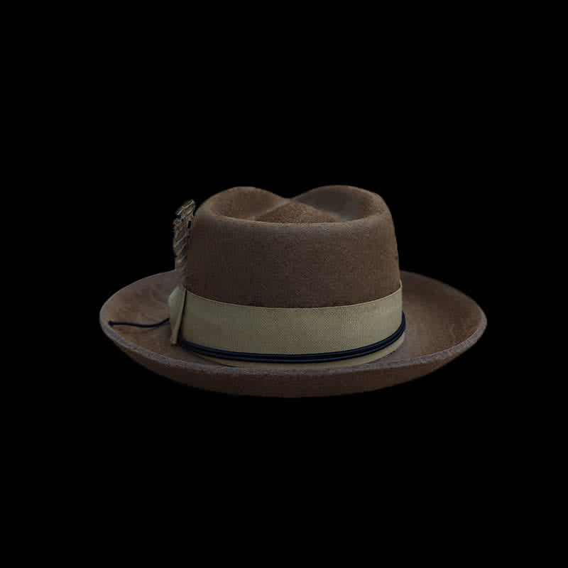 Camel Distressed Feather Decoration Felt Cowboy Hat