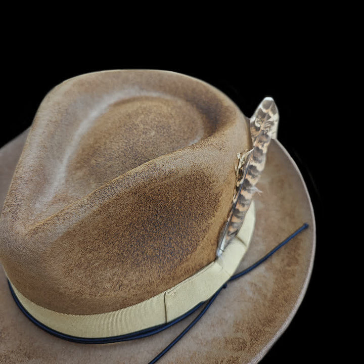 Camel Distressed Feather Decoration Felt Cowboy Hat