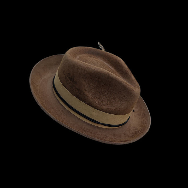 Camel Distressed Feather Decoration Felt Cowboy Hat